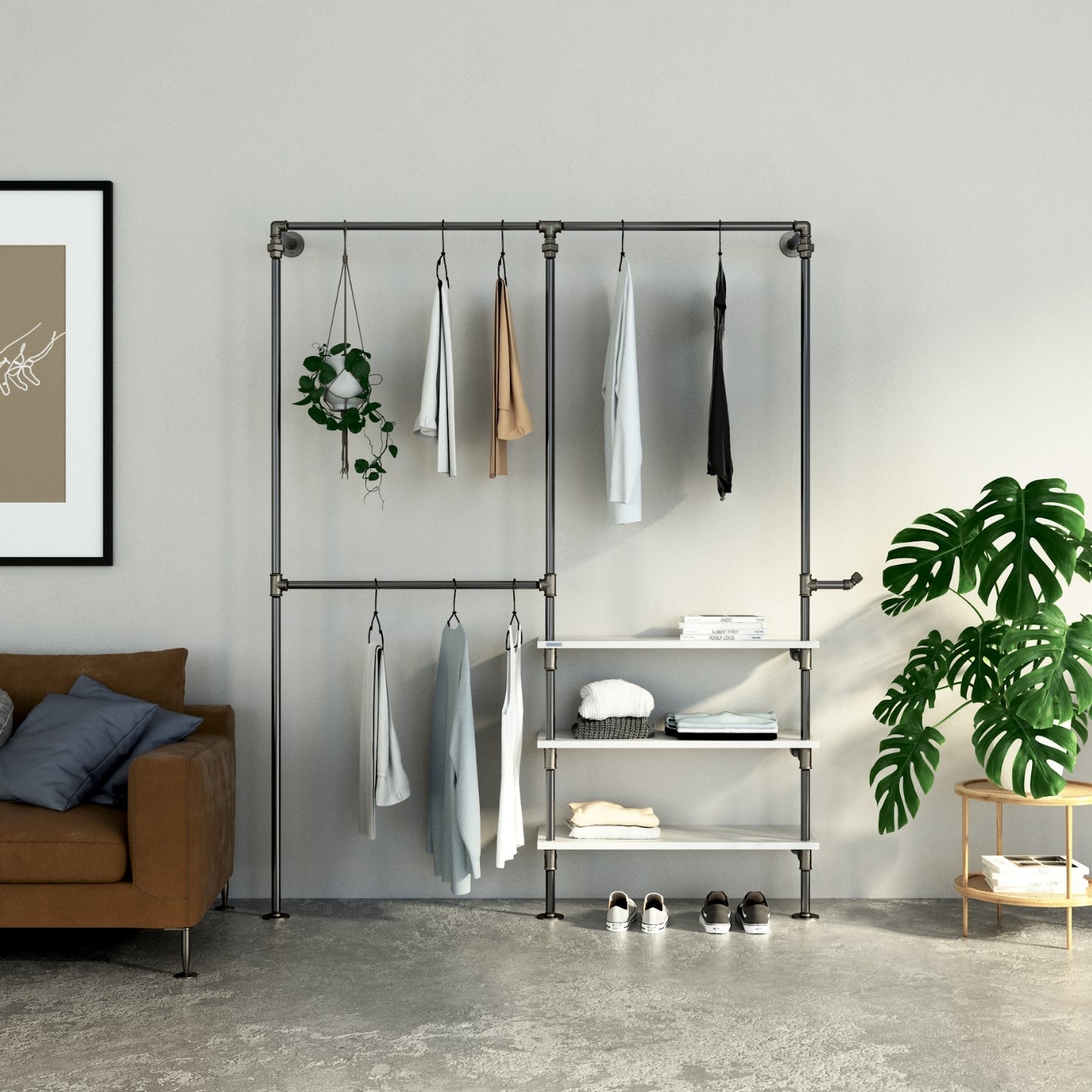 DOUBLE Shelf - Kleiderstangen System mit 2 Reihen und 3 Regalen kaufen | Industrial Style Möbel aus Stahl & Holz