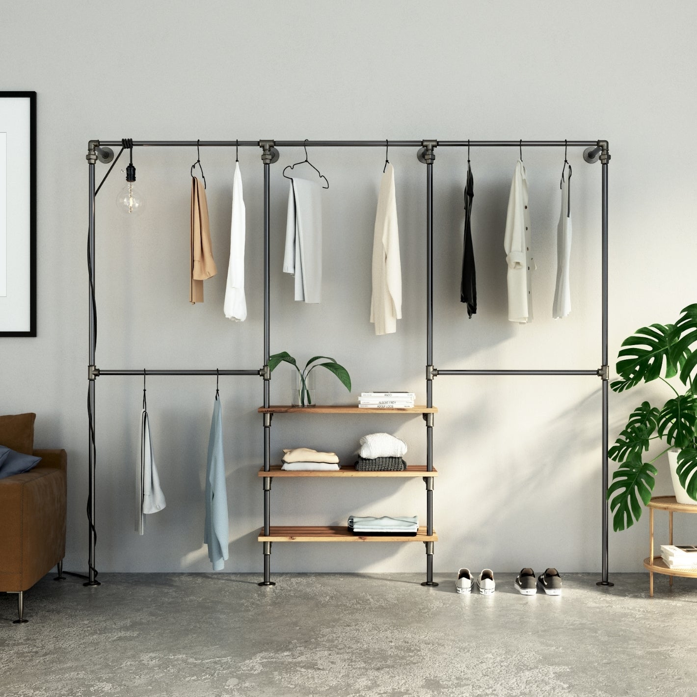 TRIPLE Shelf - Kleiderstangen System mit 3 Reihen und 3 Regalen kaufen | Industrial Style Möbel aus Stahl & Holz
